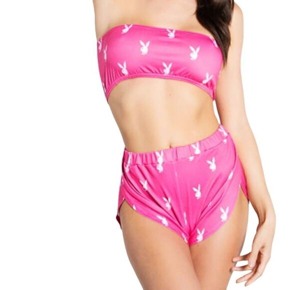 Playboy Pink White Bandeau Pajama Short Set -E - Picture 1 of 6